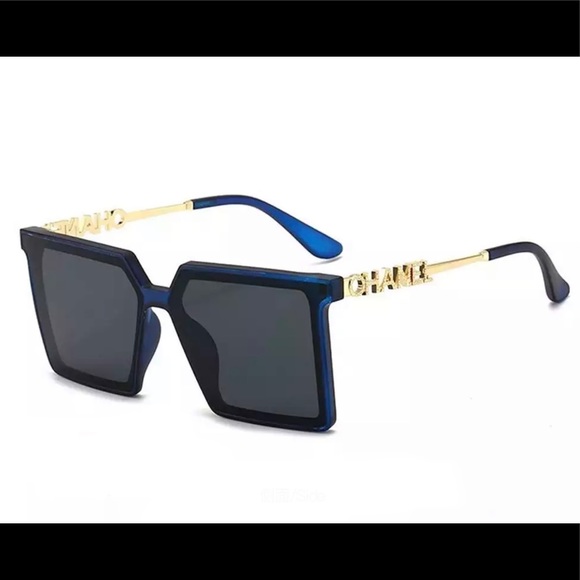 Indigo Square Oversized Graphic Sunglasses, Luxury Sunnies, Blue Frames - Picture 2 of 3